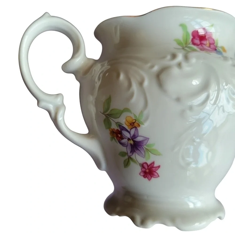 Walbrzych Poland White Embossed Floral Gold Rim‎ Creamer Cottage Vtg Tea Party